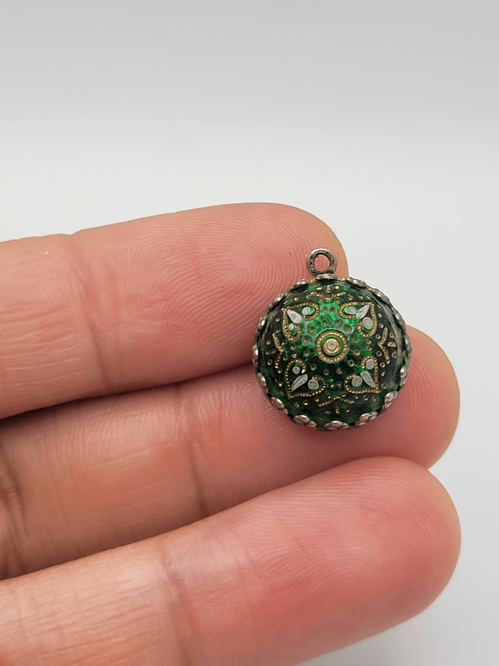 Antique Venetian Style Enamel Mandala Charm Green Gold-Tone Foil